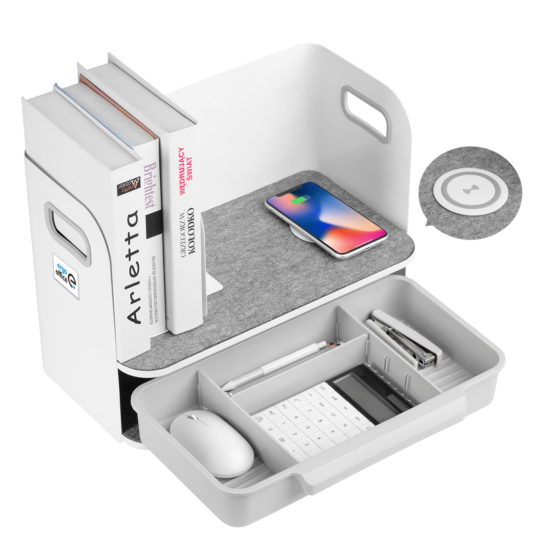 Organisateur de bureau avec tiroir et chargeur sans fil Ergo Office, blanc, max. 10kg, ER-441 + Organisateur de bureau pour ustensiles de bureau jusqu'à 5kg ER-442