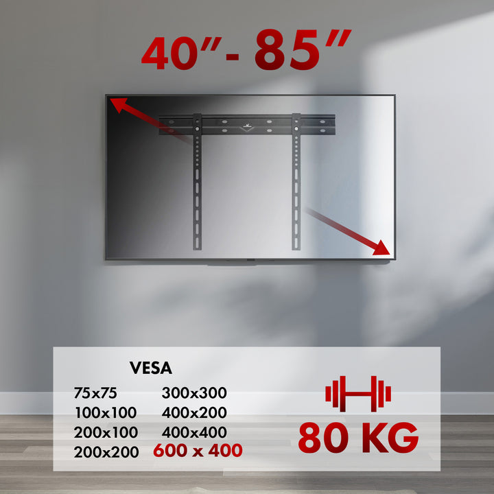 Support mural ultra plat Maclean pour TV, 40-85", max VESA 600x400, charge jusqu'à 80kg, MC-123