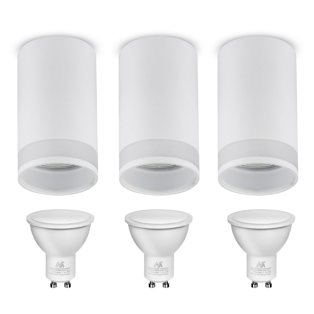 Maclean luminaire apparent / tube, spot, rond, aluminium, GU10, 55x130mm, blanc, MCE361 W 3pcs + ampoule LED GU10 7W Maclean Energy MCE437 WW blanc chaud 3000K, 220-240V~, 50/60Hz 3pcs