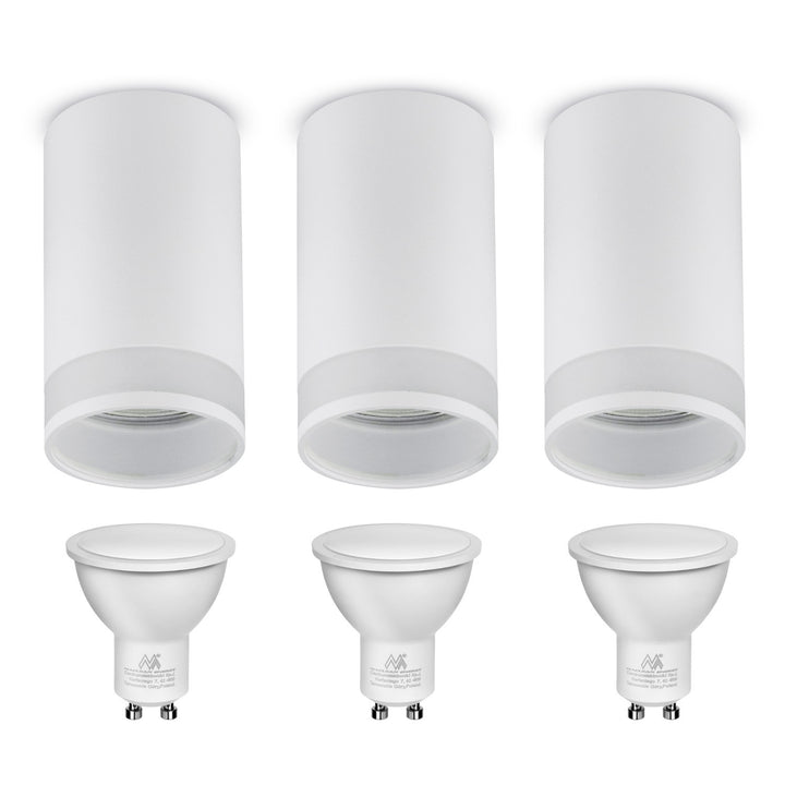 Maclean luminaire apparent / tube, spot, rond, aluminium, GU10, 55x130mm, blanc, MCE361 W 3pcs + ampoule LED GU10 7W Maclean Energy MCE437 WW blanc chaud 3000K, 220-240V~, 50/60Hz 3pcs