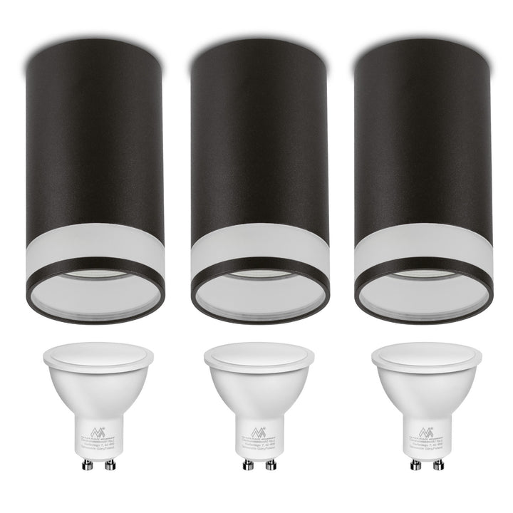 Maclean luminaire en saillie/tube, spot, rond, aluminium, GU10, 55x130mm, noir, MCE361 B 3pcs + ampoule LED GU10 7W Maclean Energy MCE437 WW blanc chaud 3000K, 220-240V~, 50/60Hz, 490lm, 3pcs