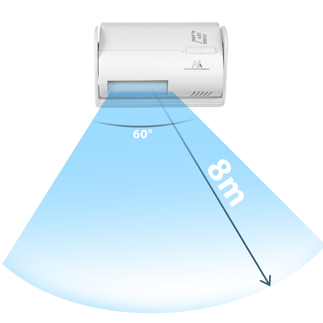 Dispositif de signalisation d'entrée sans fil Maclean, capteur PIR, portée 8m, alimenté par une batterie 9V DC, volume supérieur à 70dB, MCE311 W, 2 pièces