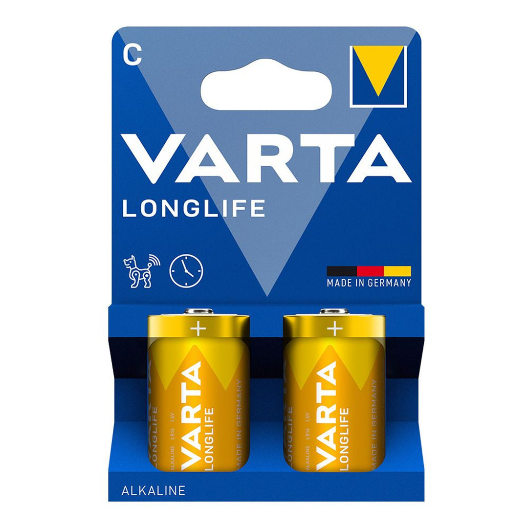 2 piles alcalines 1,5 V LR14 C Varta Longlife en blister