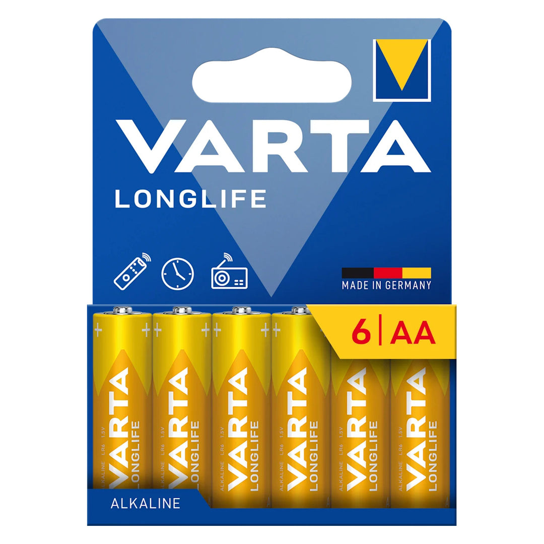6 piles alcalines 1,5 V LR6 AA Varta Longlife en blister