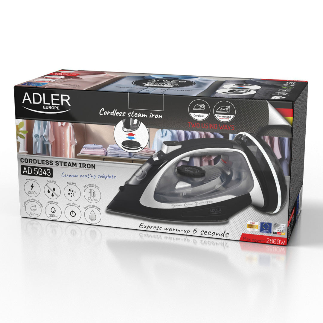 Fer à vapeur sans fil Adler, semelle en céramique, 2800W, AD 5043