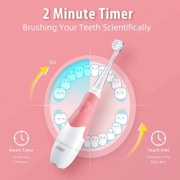 Brosse à dents sonique pour enfants SEAGO, couleur rose, 1xAA 1,5V (non inclus), 4 embouts, SG-513 Pink + Set de brosses à dents de rechange pour SG-513, SG-977 SEAGO, 4 pcs, couleur transparente, SG-513 Refill