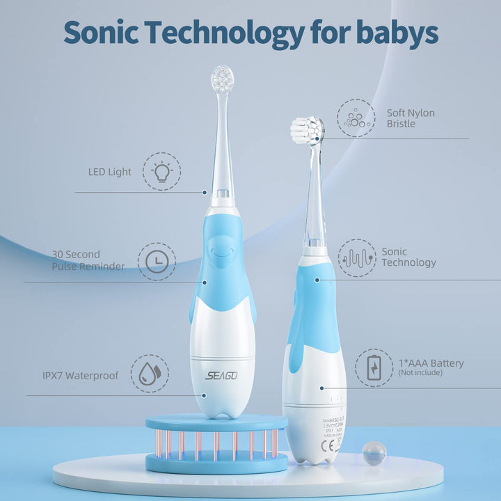 Brosse à dents sonique pour enfants SEAGO, couleur bleue, 1xAA 1,5V (non inclus), 4 embouts, SG-513 Blue + Set de brosses à dents de rechange pour SG-513, SG-977 SEAGO, 4 pcs, couleur transparente, SG-513 Refill