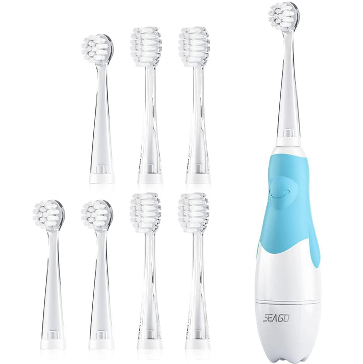 Brosse à dents sonique pour enfants SEAGO, couleur bleue, 1xAA 1,5V (non inclus), 4 embouts, SG-513 Blue + Set de brosses à dents de rechange pour SG-513, SG-977 SEAGO, 4 pcs, couleur transparente, SG-513 Refill
