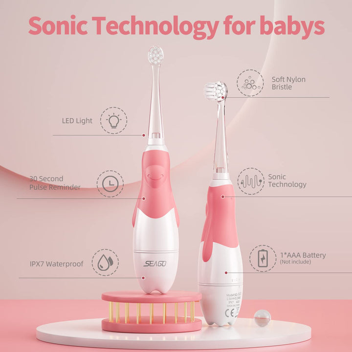 Brosse à dents sonique pour enfants SEAGO, rose, 4 embouts,SG-513 Rose + Brosse à dents sonique pour enfants SEAGO, bleue, 4 embouts,SG-513