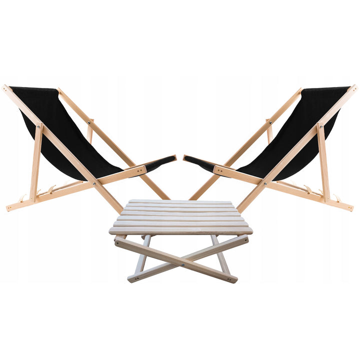 Lot de 2 chaises de plage, noires + table basse en bois Woodok