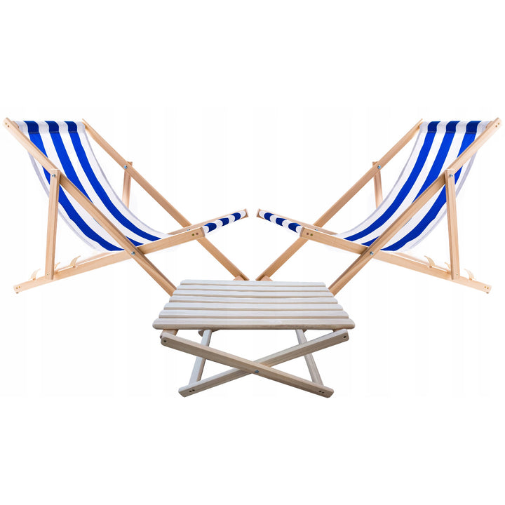 Lot de 2 chaises de plage, rayures bleues + table basse en bois Woodok