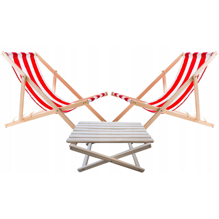 Lot de 2 chaises de plage, rayures rouges + table basse en bois Woodok