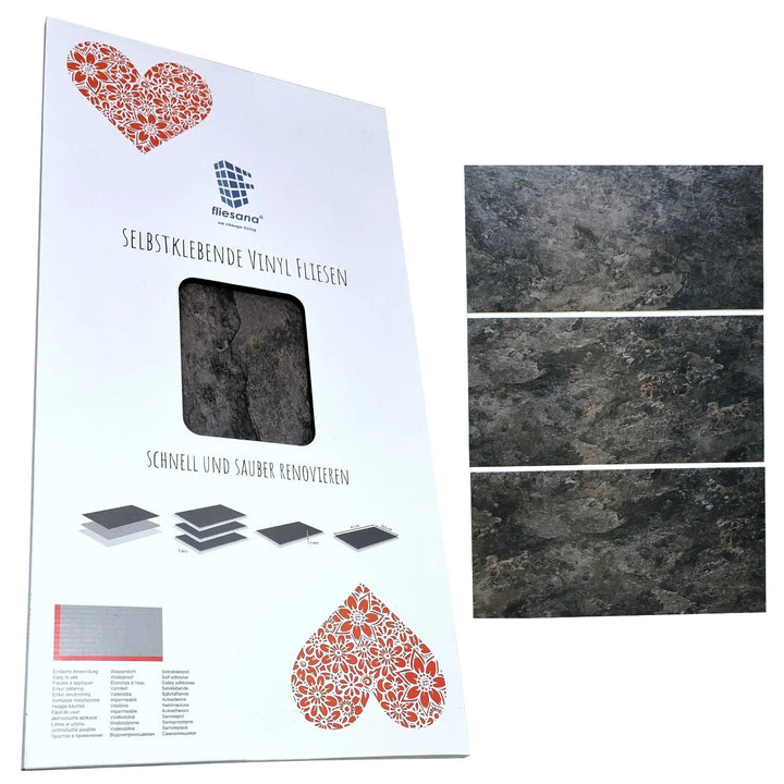 Fliesana carreaux de sol et de mur autocollants, lot de 3, imperméables, design pierre naturelle (ardoise)