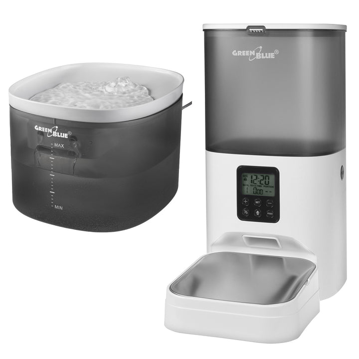 GreenBlue distributeur automatique d'eau / abreuvoir pour animaux, 3L, USB 5V1A, GB392 + GreenBlue distributeur automatique de nourriture pour animaux / mangeoire, 6L, USB 5V1A, GB393