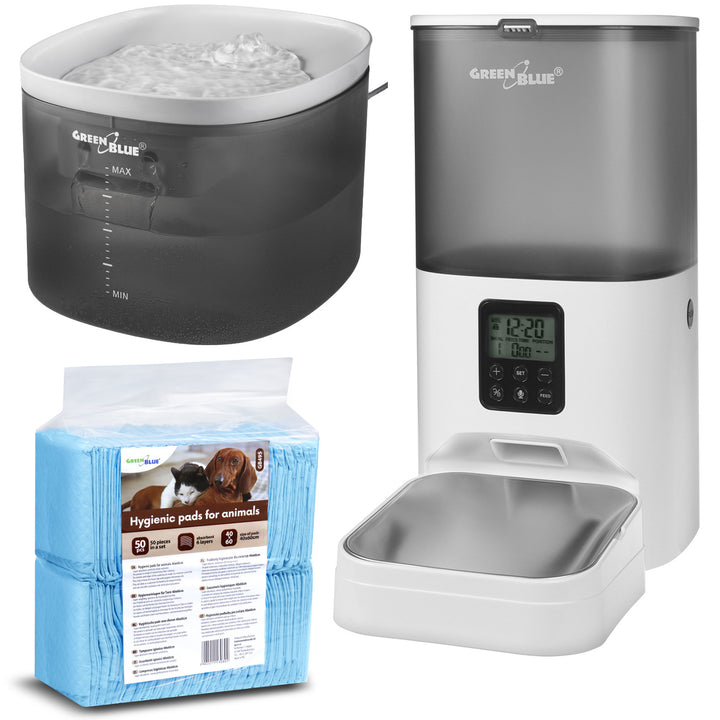 GreenBlue GB392 distributeur automatique d'eau / abreuvoir pour animaux + GreenBlue GB393 distributeur automatique de nourriture pour animaux + 60x40cm, 50pc underlay, GB495