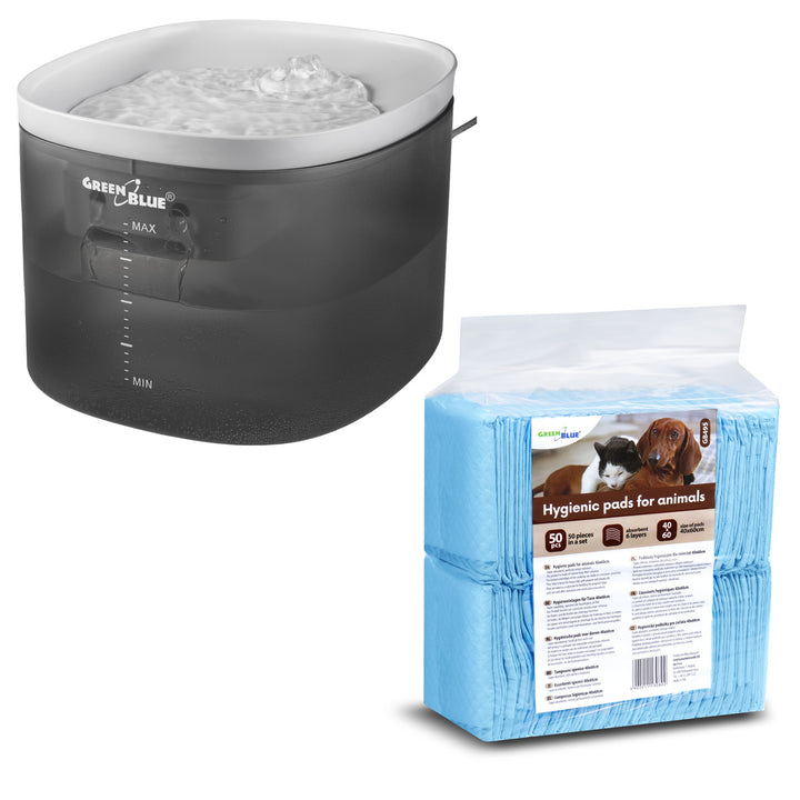 GreenBlue distributeur automatique d'eau / abreuvoir pour animaux, 3L, USB 5V1A, GB392 + GreenBlue coussinets/matelas d'hygiène pour chien/chat, pour l'apprentissage des pipis, 60x40cm, 50pcs, GB495
