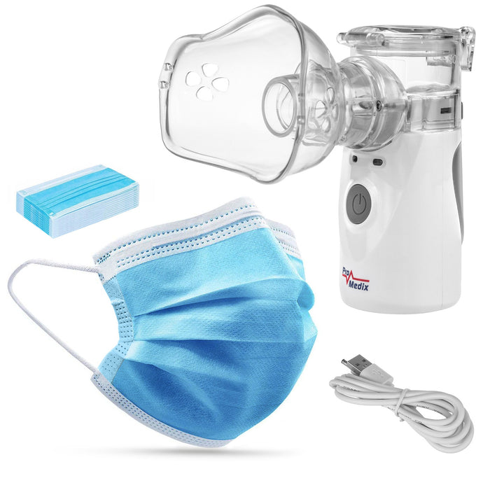 Promedix inhalateur nébuliseur portatif sans fil, kit, masques, PR-835 + 2x masques médicaux CE EN 14683:2019 - kit - couleur bleue 10 pièces Promedix PR-280 BFE>98%.