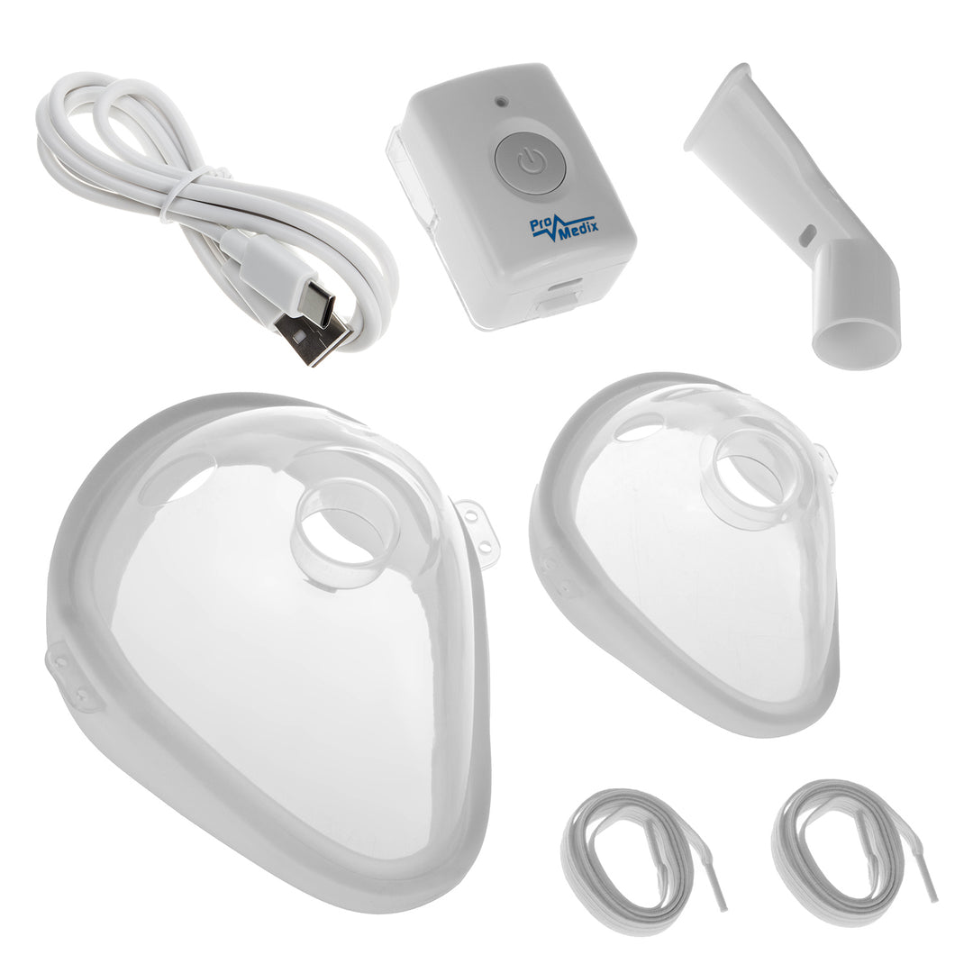 Promedix inhalateur nébuliseur portatif sans fil, kit, masques, PR-840 + 2x masques médicaux CE EN 14683:2019 - kit - couleur bleue 10 pièces Promedix PR-280 BFE>98%.