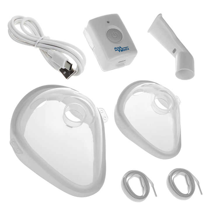 Promedix inhalateur nébuliseur portatif sans fil, kit, masques, PR-840 + 2x masques médicaux CE EN 14683:2019 - kit - couleur bleue 10 pièces Promedix PR-280 BFE>98%.