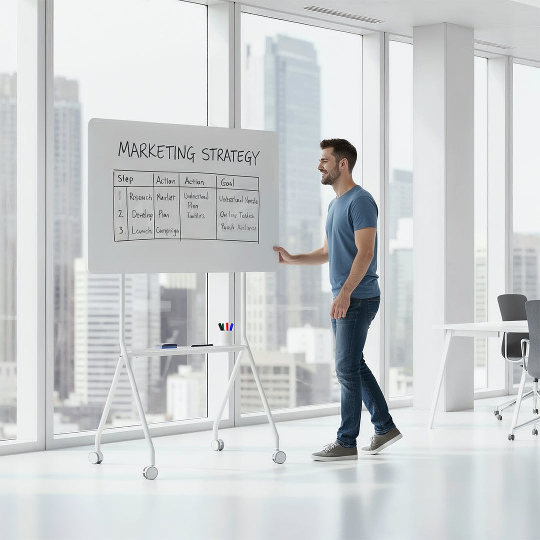 Tableau effaçable à sec mobile Ergo Office, orientation horizontale, blanc, simple face, avec étagère, dimensions du tableau 1190x790mm, ER-306