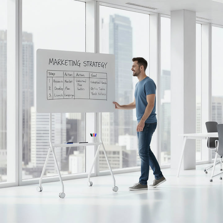 Tableau effaçable à sec mobile Ergo Office, orientation horizontale, blanc, simple face, avec étagère, dimensions du tableau 1190x790mm, ER-306