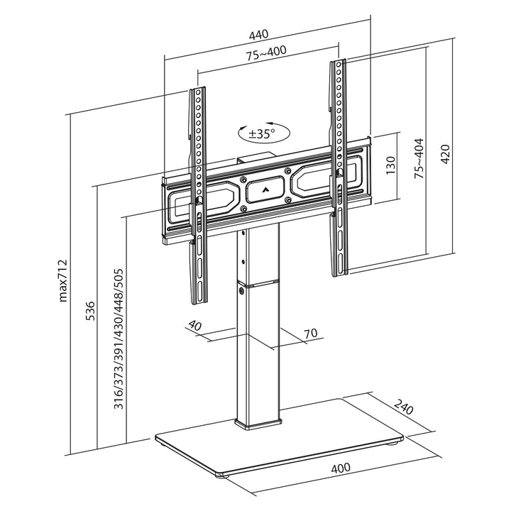 Support TV universel Maclean, pour meuble RTV, support, max. 40kg, max. VESA 400x400, réglage de la hauteur et de l'angle, pour TV 32-65", MC-1240