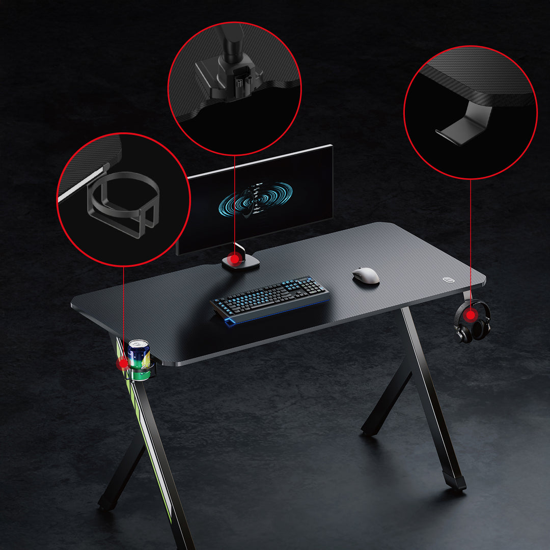 NanoRS gaming bureau, zwart, met headsethouder en bekerhouder, max. 75 kg, afmetingen 1200x600x750mm, RS101