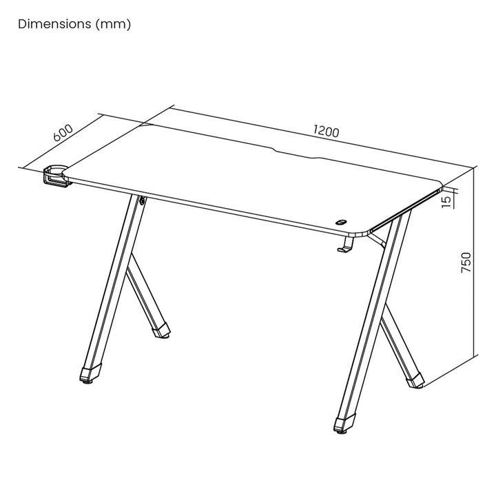 NanoRS Gaming Desk, Zwart, met Koptelefoon en Bekerhouder, RGB Achtergrondverlichting, Max. 75kg, Afmetingen 1200x600x750mm, RS102