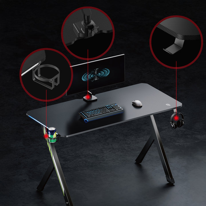 NanoRS Gaming Desk, Zwart, met Koptelefoon en Bekerhouder, RGB Achtergrondverlichting, Max. 75kg, Afmetingen 1200x600x750mm, RS102
