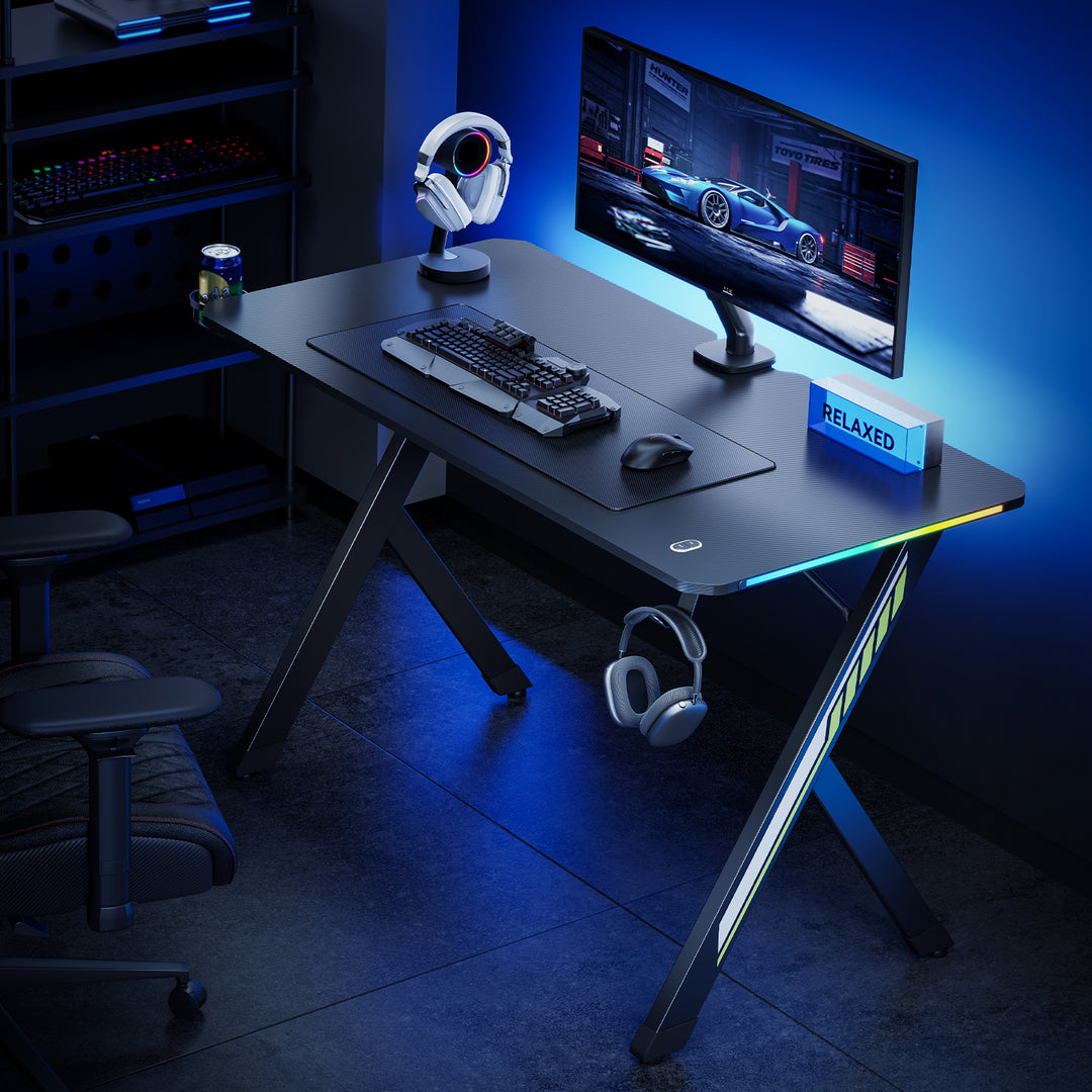 NanoRS Gaming Desk, Zwart, met Koptelefoon en Bekerhouder, RGB Achtergrondverlichting, Max. 75kg, Afmetingen 1200x600x750mm, RS102