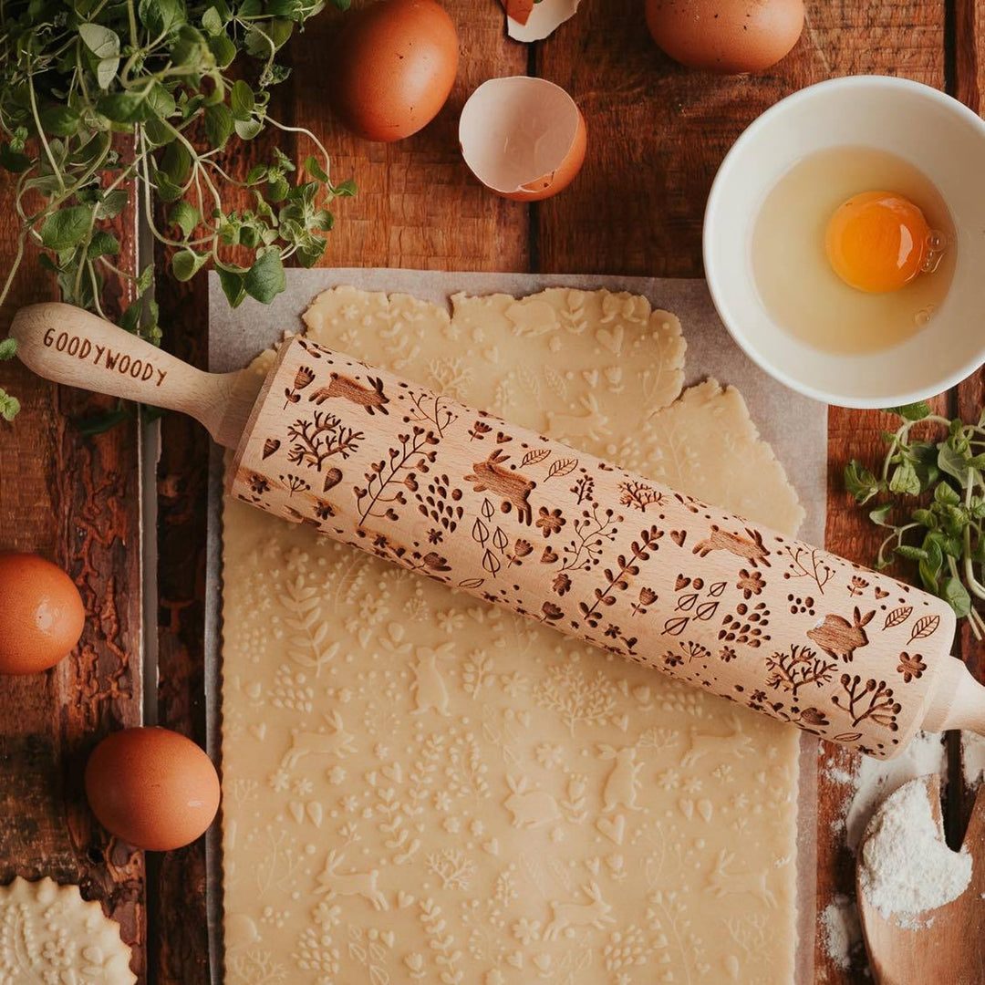 Rouleau à gâteau gravé Goody Woody, 46 cm, bois de hêtre, motif lapin