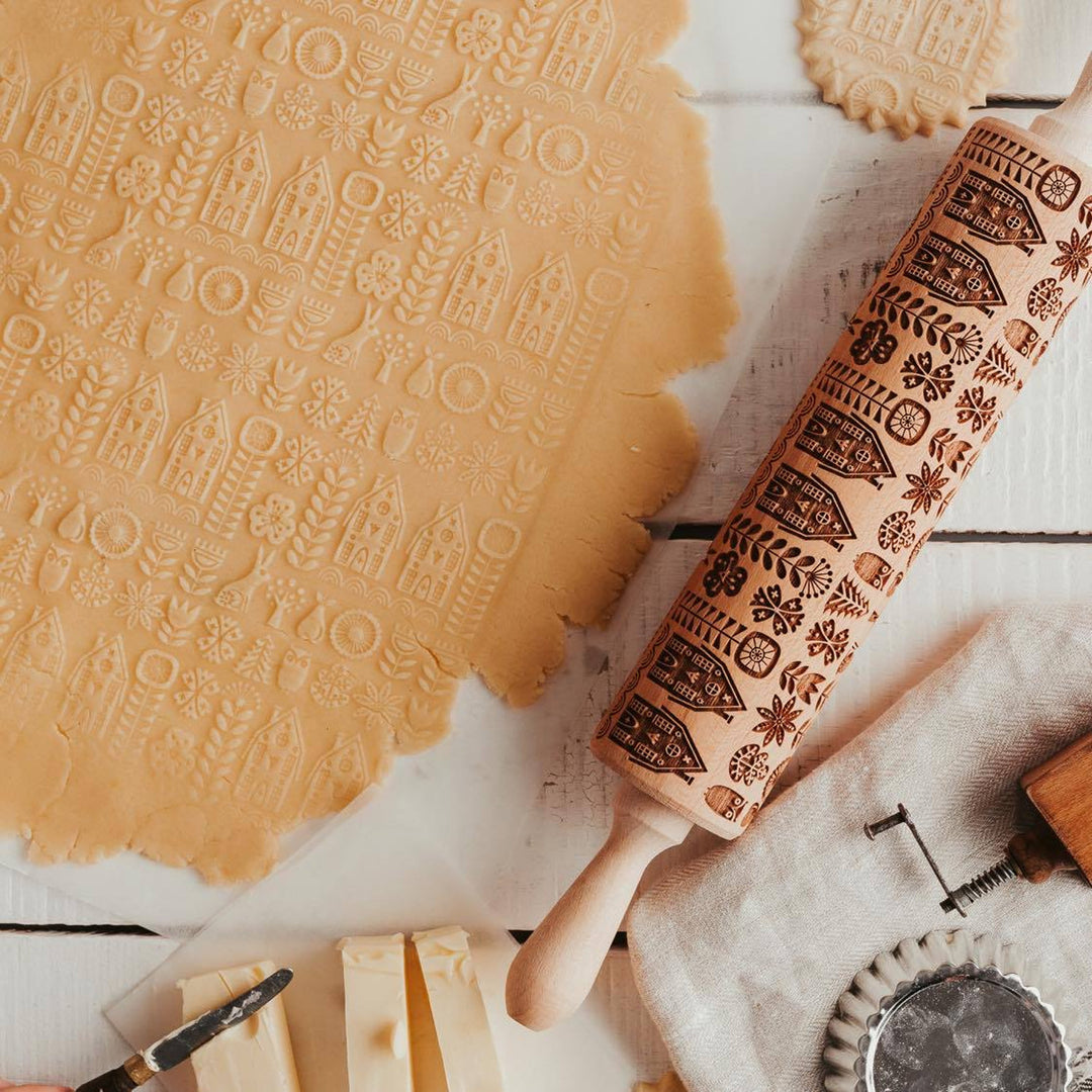 Rouleau à gâteau gravé Goody Woody, 46 cm, bois de hêtre, style scandinave