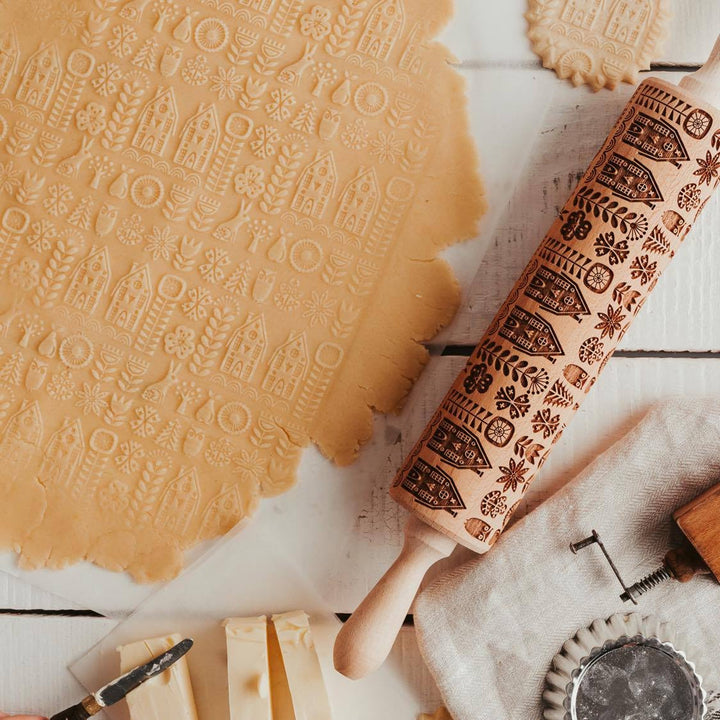 Rouleau à gâteau gravé Goody Woody, 46 cm, bois de hêtre, style scandinave