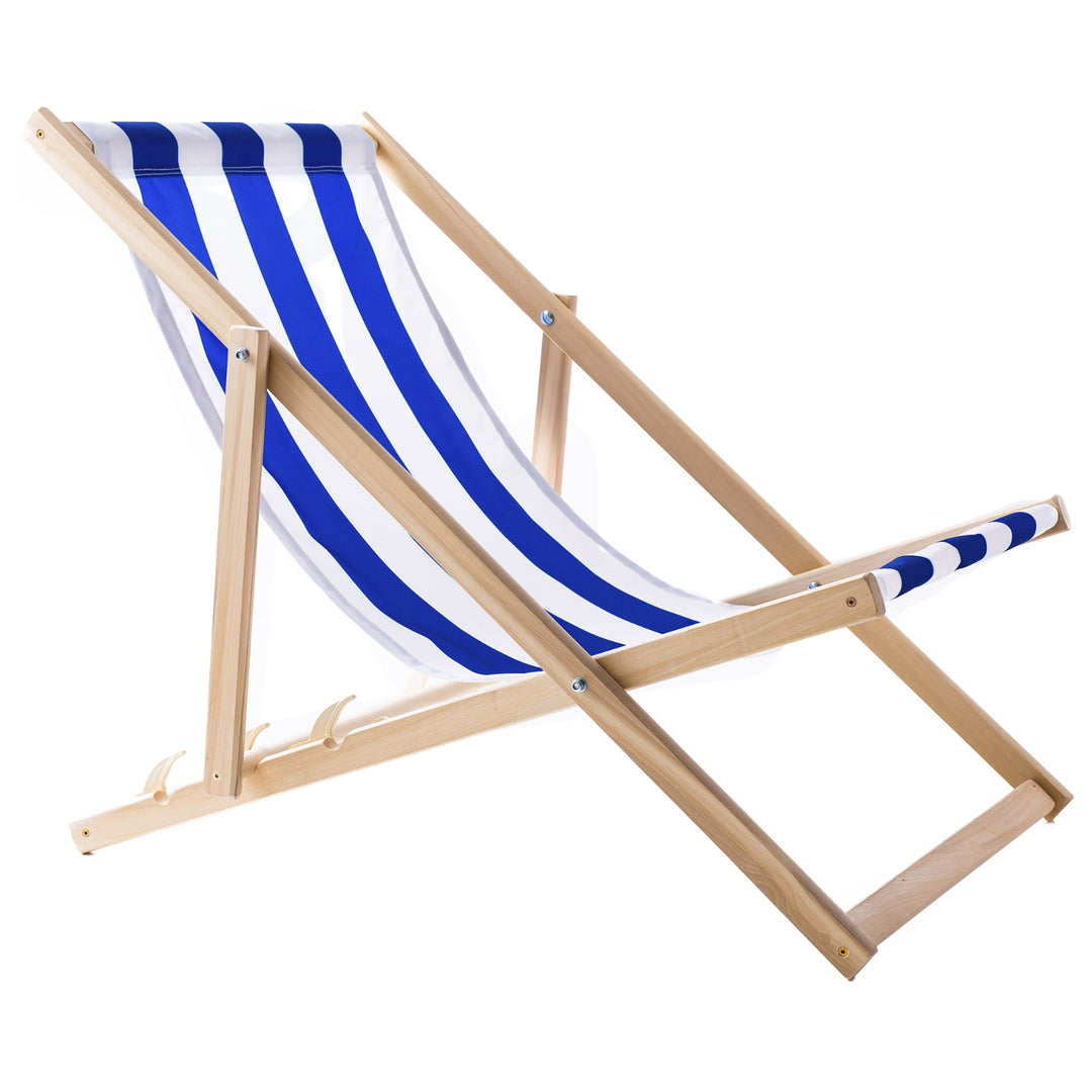 2 confortables chaises longues en bois, rayures bleues, idéales pour la plage, le balcon, la terrasse, l'assemblée