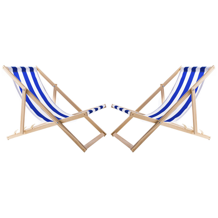2 confortables chaises longues en bois, rayures bleues, idéales pour la plage, le balcon, la terrasse, l'assemblée