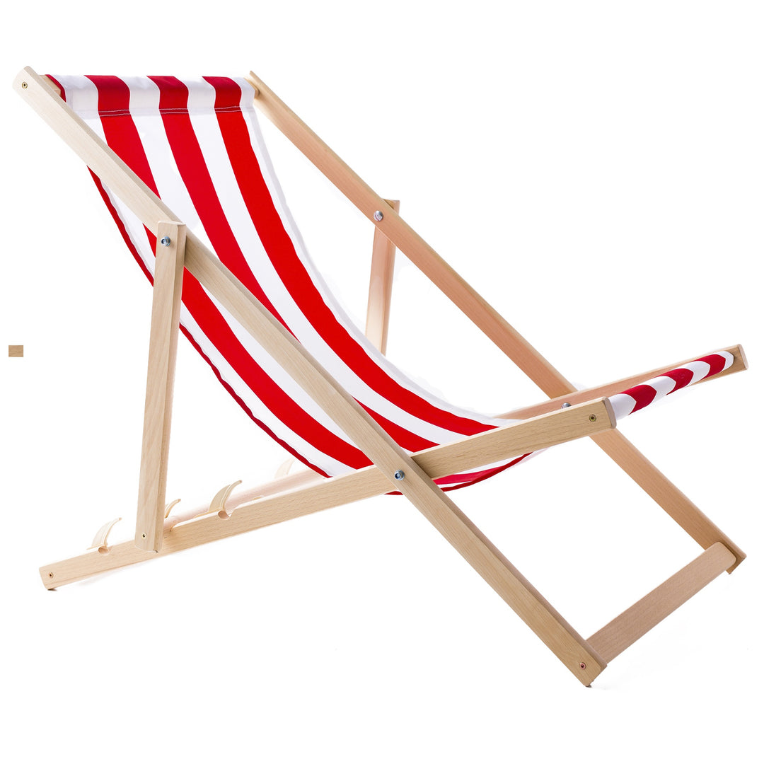2 confortables chaises longues en bois, rayures rouges, idéales pour la plage, le balcon, la terrasse, l'assemblée