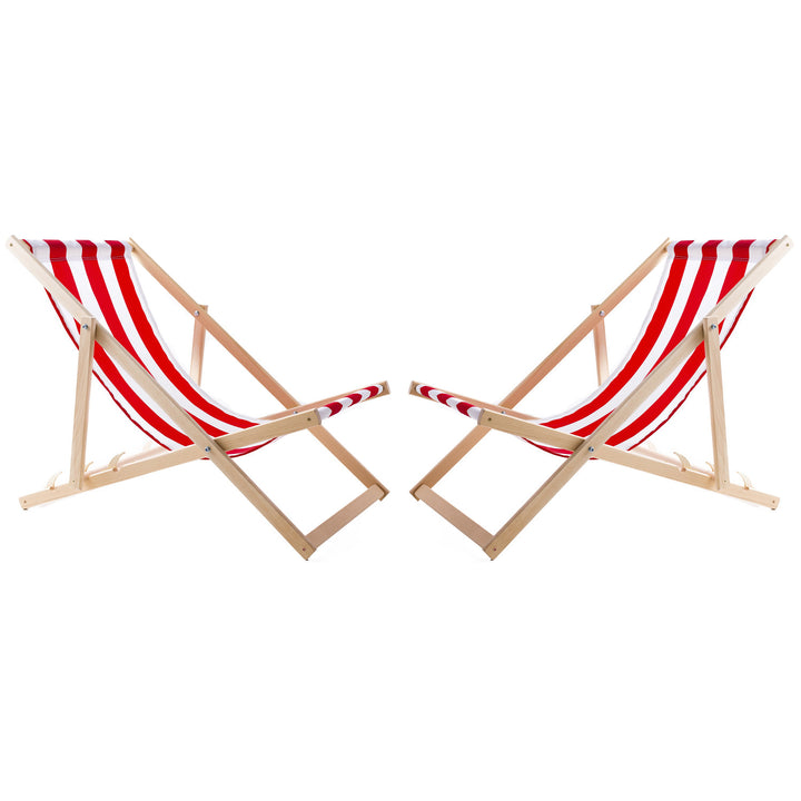 2 confortables chaises longues en bois, rayures rouges, idéales pour la plage, le balcon, la terrasse, l'assemblée