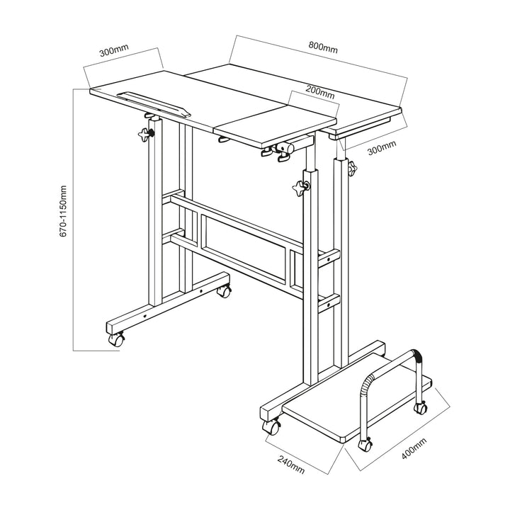 Maclean mobile laptop table desk, noir, top 80x60cm, 50kg max, hauteur réglable 67-115 cm, MC-124 B