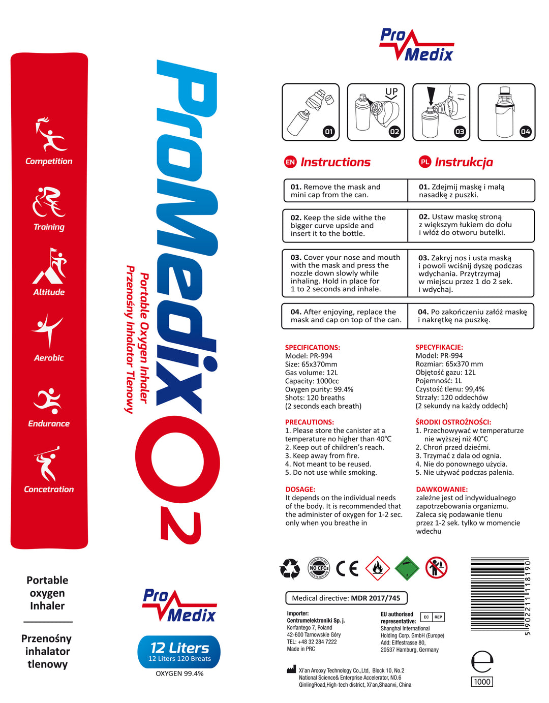 Inhalateur portable d'oxygène en boîte à 99,4% Promedix 12L, PR-994, 2 unités