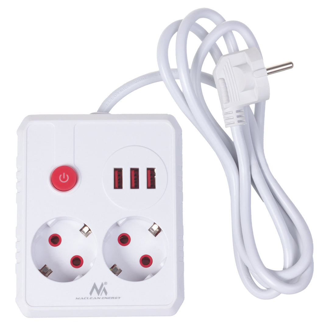 Multiprise Maclean, câble d'extension 2 prises + 3xUSB, 110-240V AC 50/60Hz, 2.1A max 2500W, 1.5m, blanc, MCE387 W