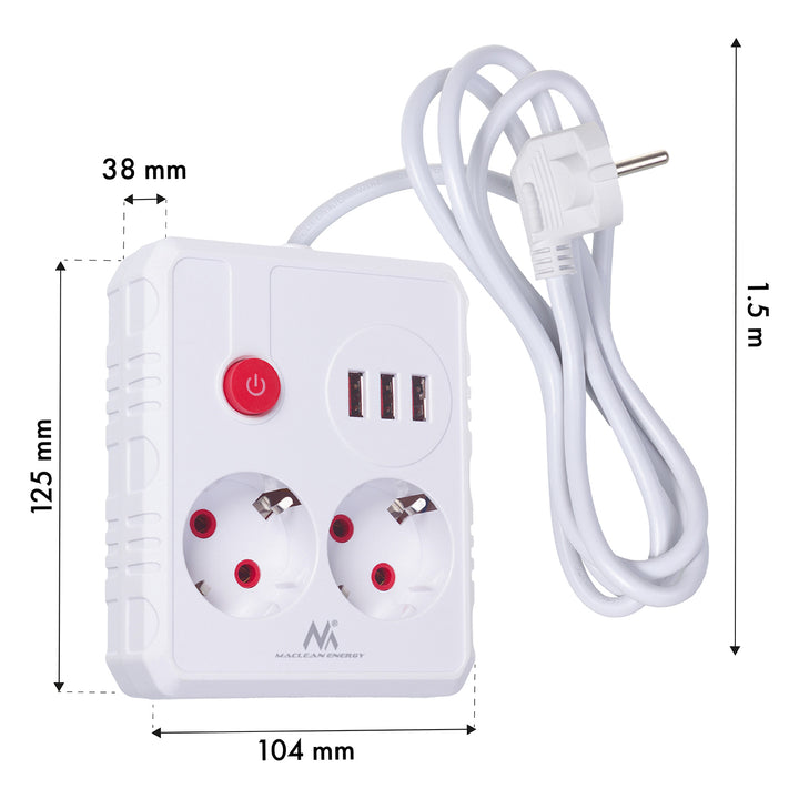 Multiprise Maclean, câble d'extension 2 prises + 3xUSB, 110-240V AC 50/60Hz, 2.1A max 2500W, 1.5m, blanc, MCE387 W