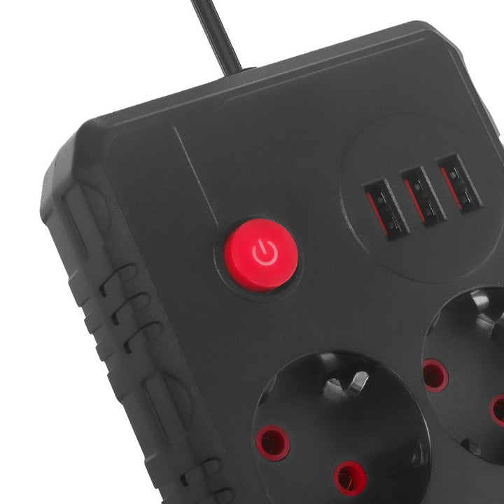 Multiprise Maclean, câble d'extension 2 prises + 3xUSB, 110-240V AC 50/60Hz, 2.1A max 2500W, 1.5m, noir, MCE387 B