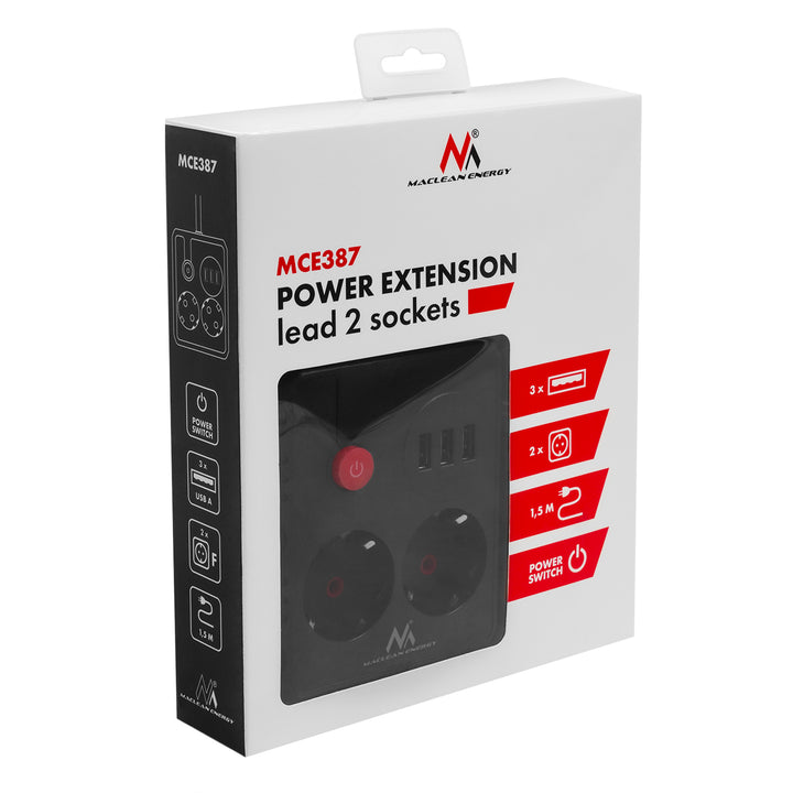 Multiprise Maclean, câble d'extension 2 prises + 3xUSB, 110-240V AC 50/60Hz, 2.1A max 2500W, 1.5m, noir, MCE387 B