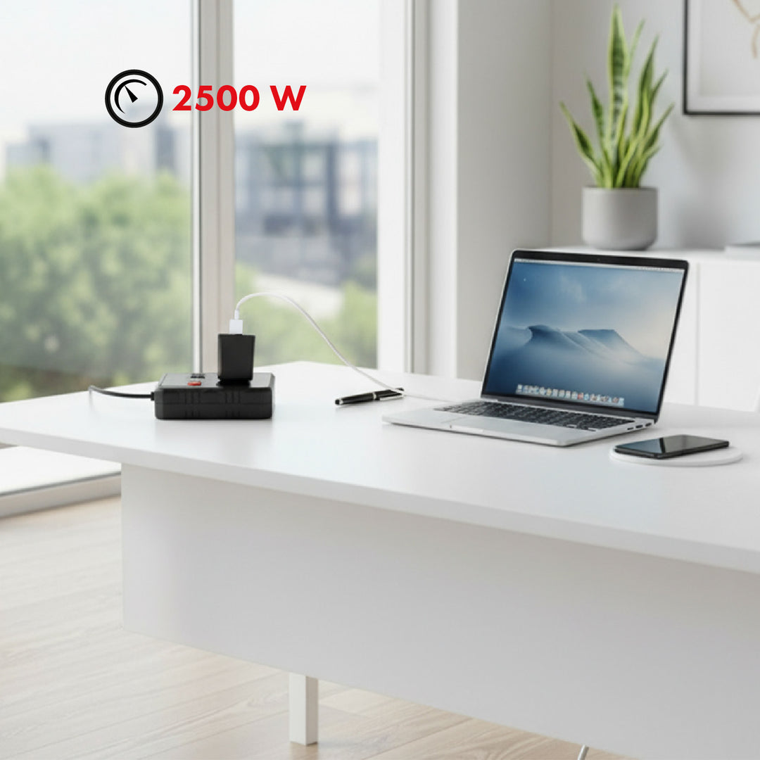 Multiprise Maclean, câble d'extension 2 prises + 3xUSB, 110-240V AC 50/60Hz, 2.1A max 2500W, 1.5m, noir, MCE387 B