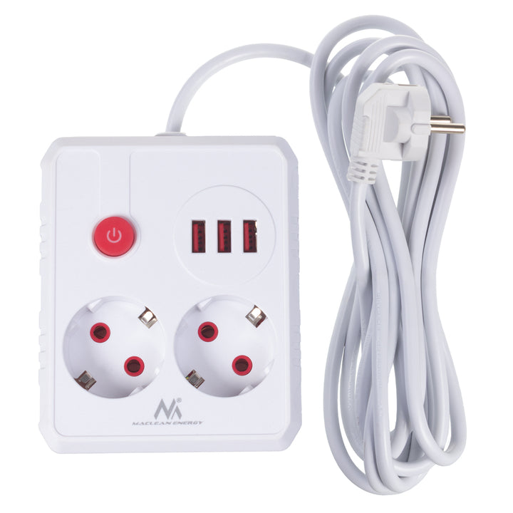 Multiprise Maclean, câble d'extension 2 prises + 3xUSB, 110-240V AC 50/60Hz, 2.1A max 2500W, 3 m, blanc, MCE388 W