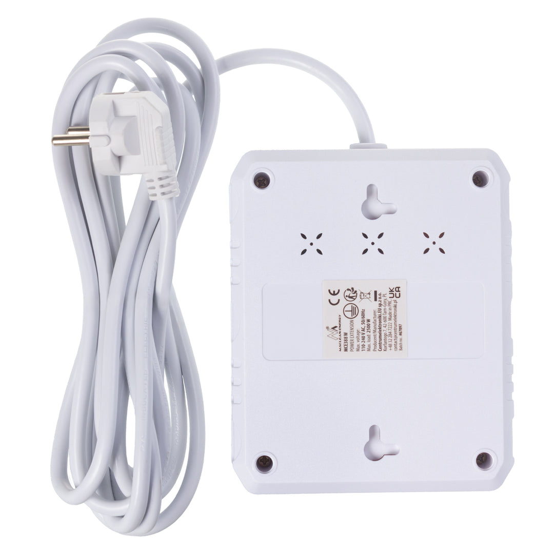 Multiprise Maclean, câble d'extension 2 prises + 3xUSB, 110-240V AC 50/60Hz, 2.1A max 2500W, 3 m, blanc, MCE388 W