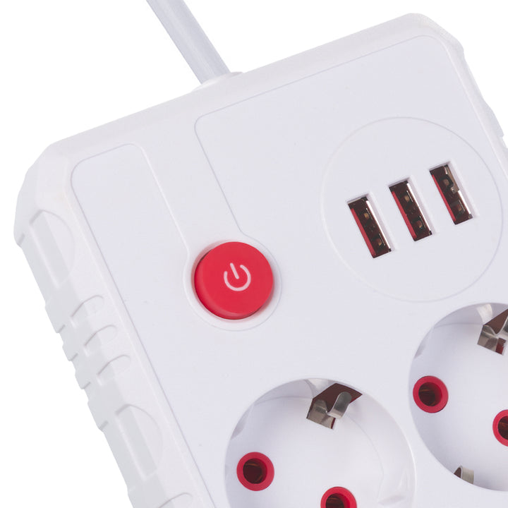 Multiprise Maclean, câble d'extension 2 prises + 3xUSB, 110-240V AC 50/60Hz, 2.1A max 2500W, 3 m, blanc, MCE388 W