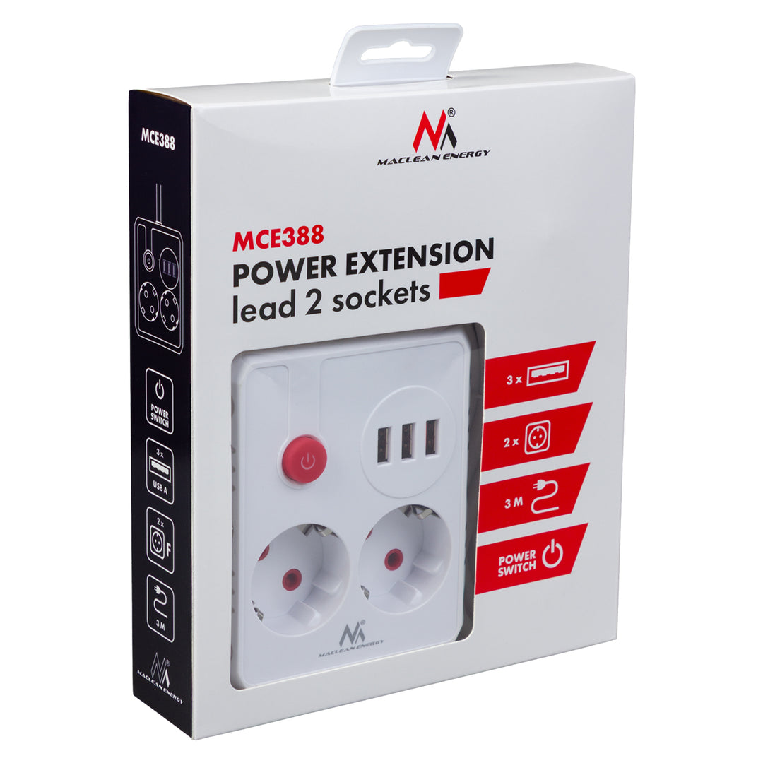 Multiprise Maclean, câble d'extension 2 prises + 3xUSB, 110-240V AC 50/60Hz, 2.1A max 2500W, 3 m, blanc, MCE388 W