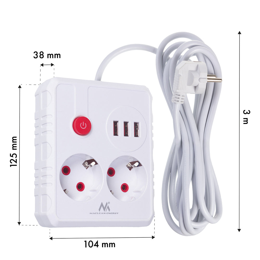 Multiprise Maclean, câble d'extension 2 prises + 3xUSB, 110-240V AC 50/60Hz, 2.1A max 2500W, 3 m, blanc, MCE388 W