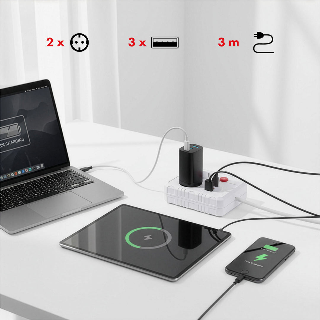 Multiprise Maclean, câble d'extension 2 prises + 3xUSB, 110-240V AC 50/60Hz, 2.1A max 2500W, 3 m, blanc, MCE388 W